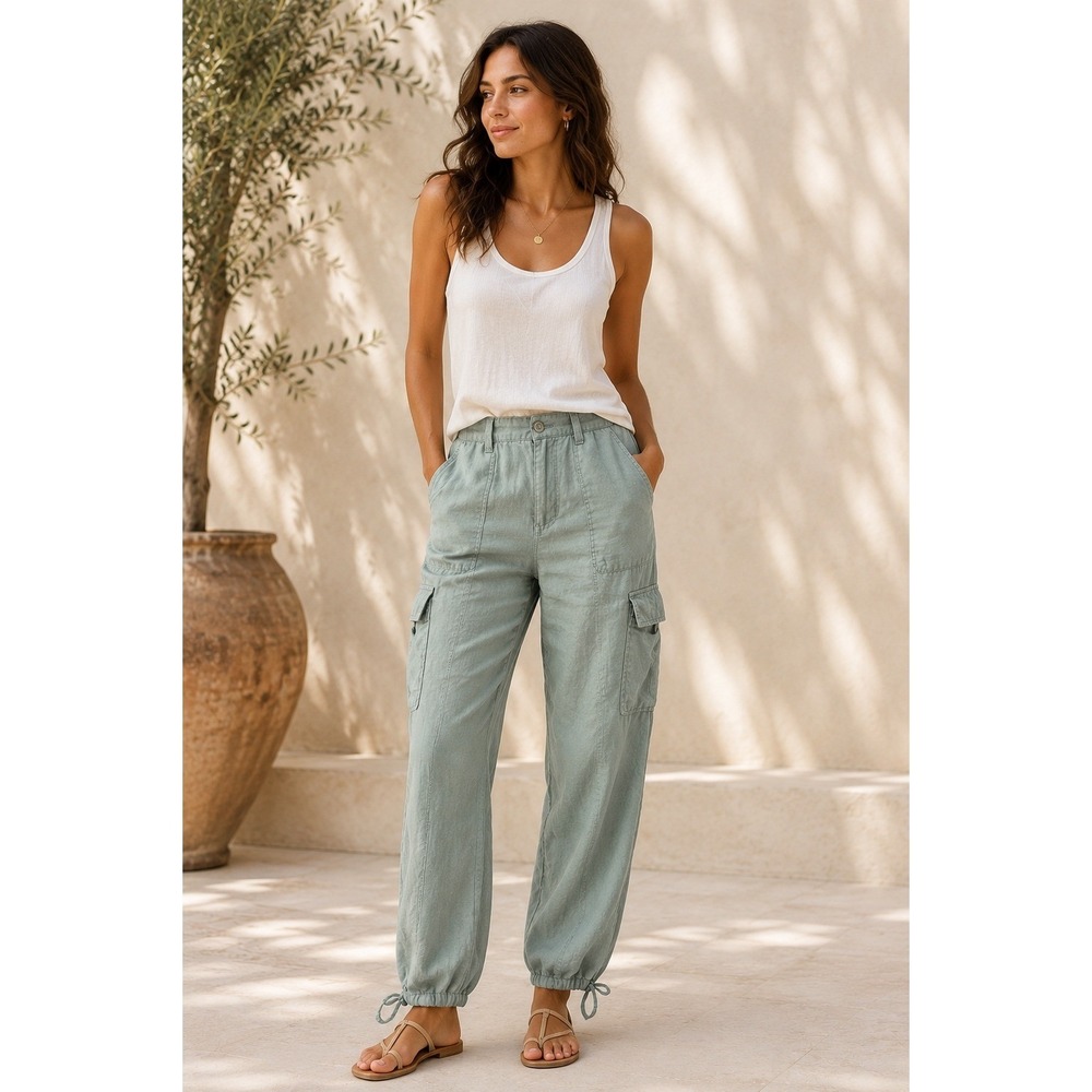 100% Linen Sage Green Cargo Pants XL C&C California High Rise Drawstring Cuffs